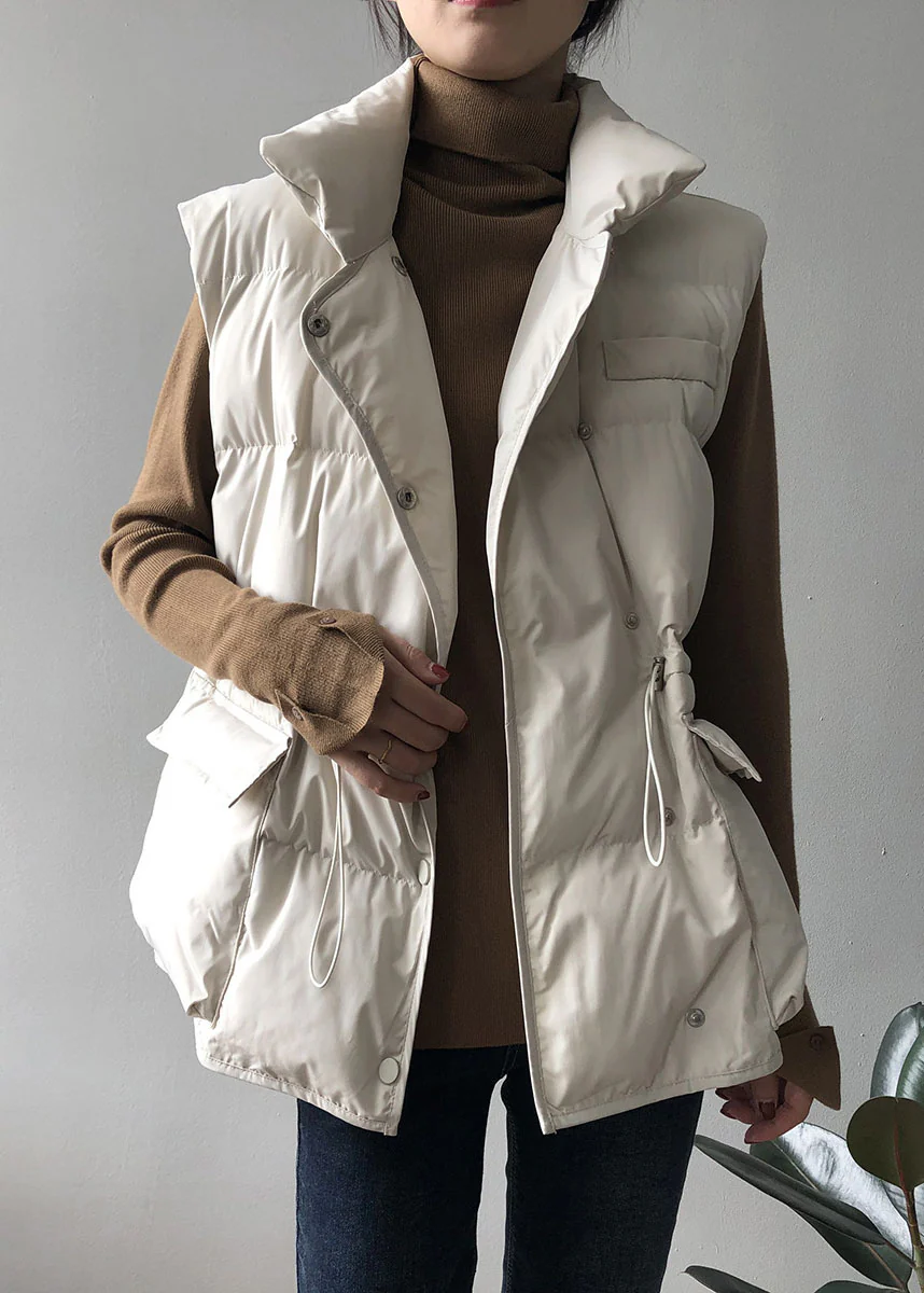Women's White Button Drawstring Sleeveless Down Vest