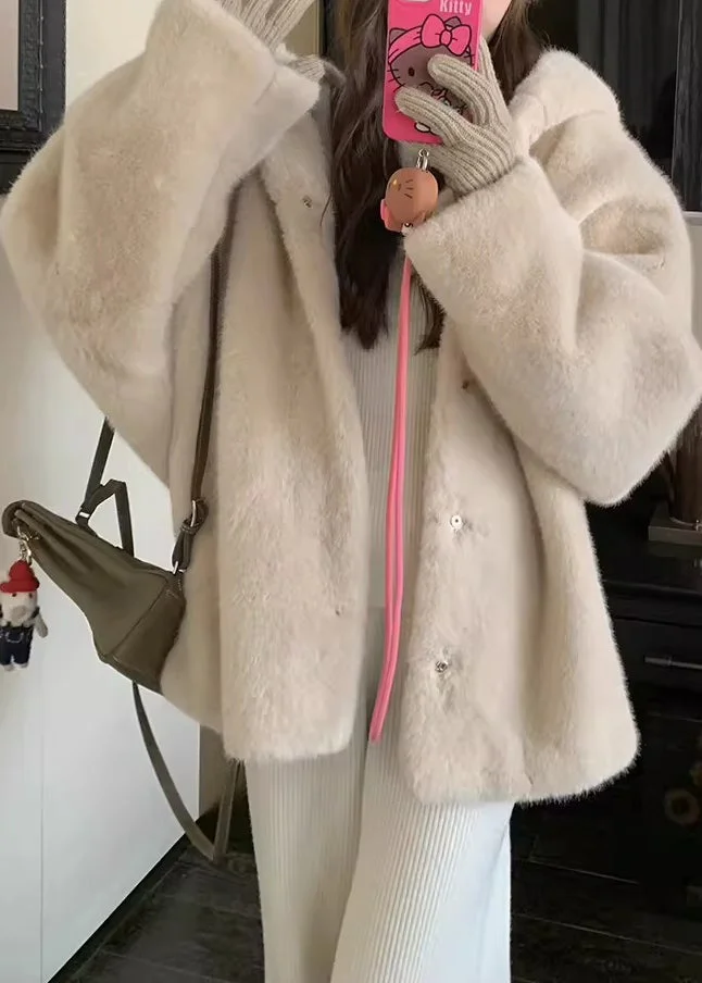 Pocket Button Mink Hoodie Jacket Long Sleeve