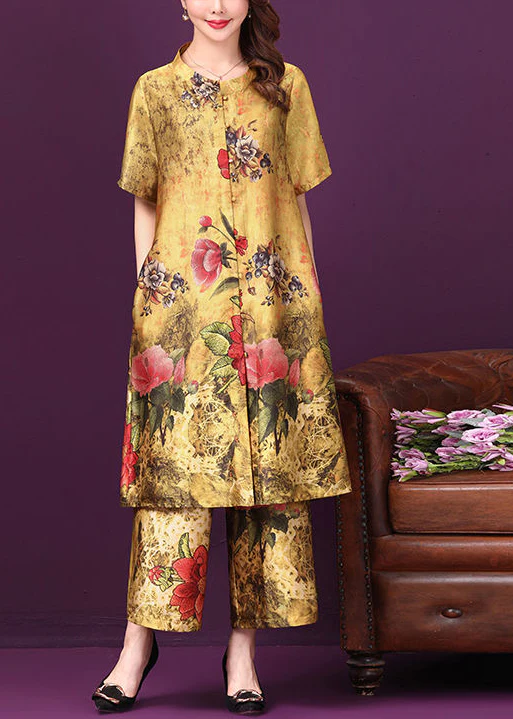 Elegant Standing Collar Pocket Floral Print Silk Two Piece Set Short Sleeve