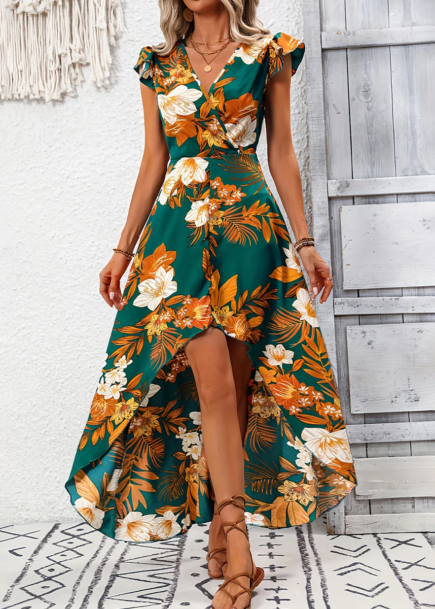 Women's Beach Floral Blue V-Neck Printed Cotton Maxi Dress