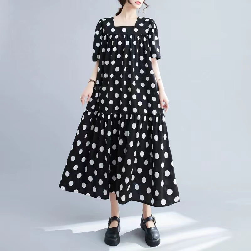 Plus Size Polka Dot Square Neck Short Sleeve Long Dresses