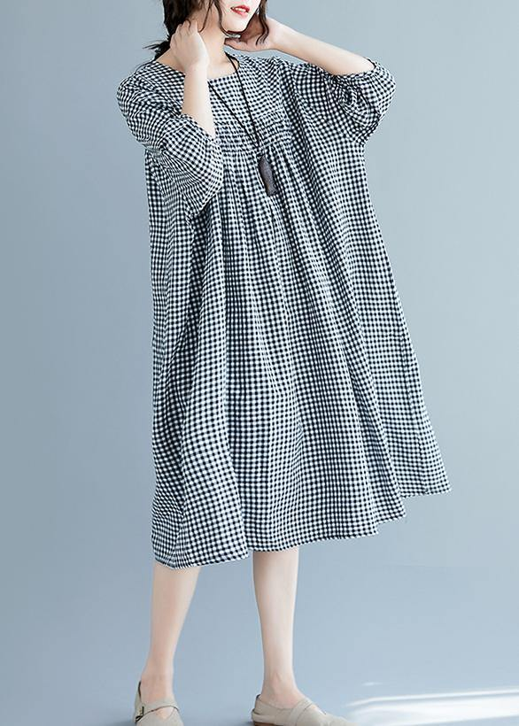 French O Neck Lantern Sleeve Black Plaid Dress