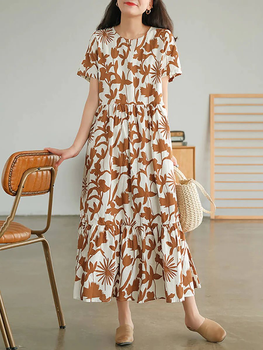 Women's Round Neck Floral Cotton Short Sleeve Dress