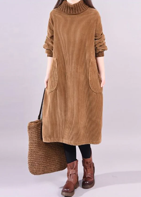 Women's Plus Size Patchwork Thick Corduroy Dress High Neck Long Sleeve