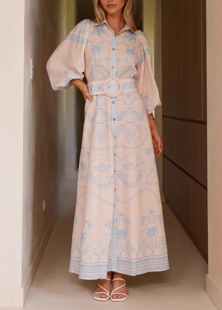 Blue Printed Lantern Sleeve Long Dress