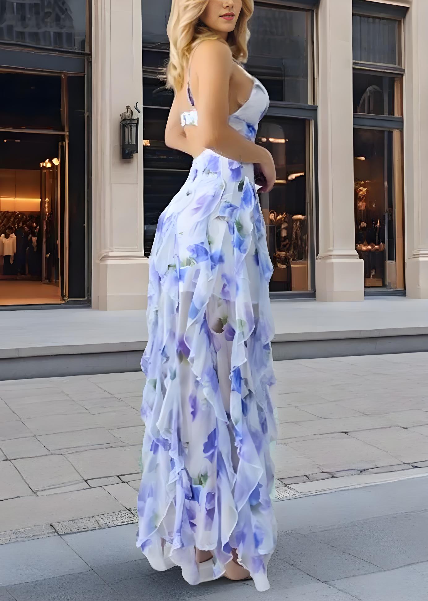 Women's Blue Printed Tie Side Split Spaghetti Strap Sleeveless Party Beach Dresses