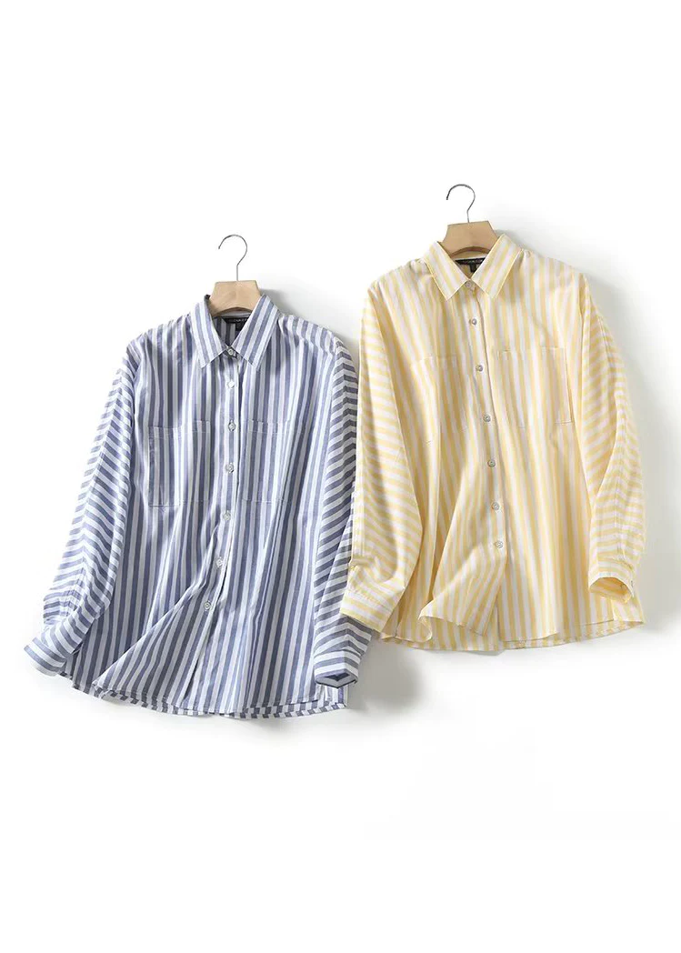 French Collar Striped Pocket Cotton Shirt Long Sleeve Top