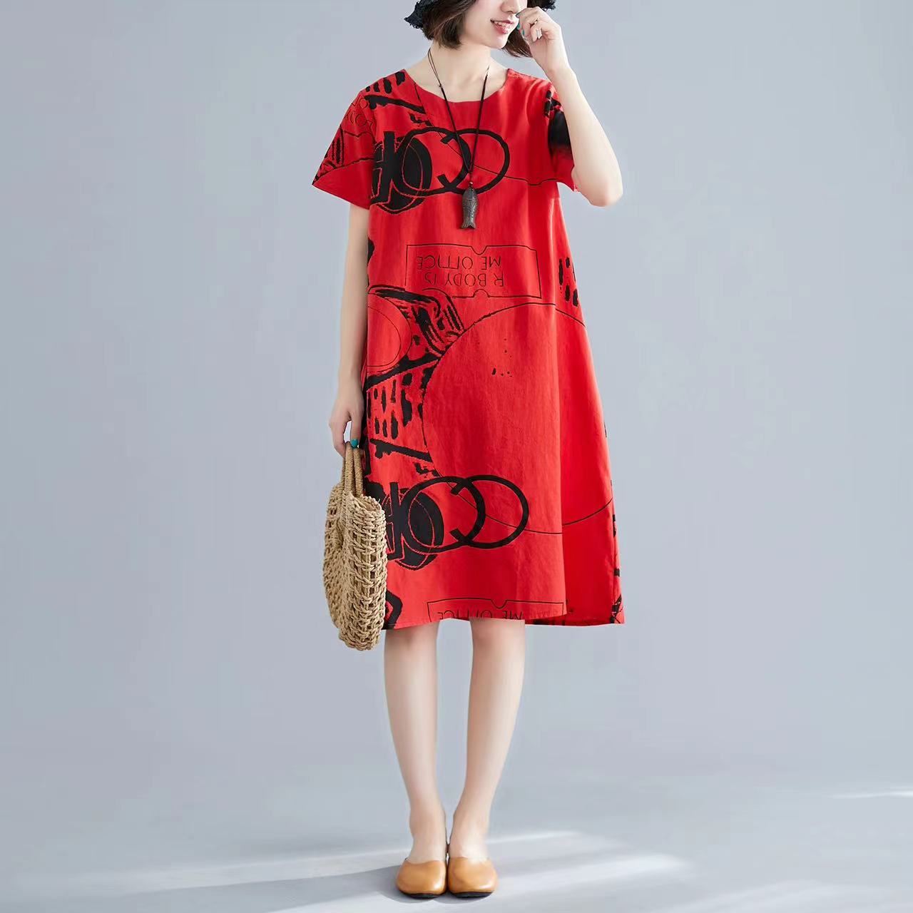 Elegant Printed Linen Short Sleeve Straight Dress