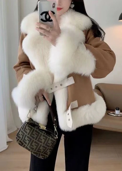 Women's Beige Hair Collar Patchwork Coat Winter