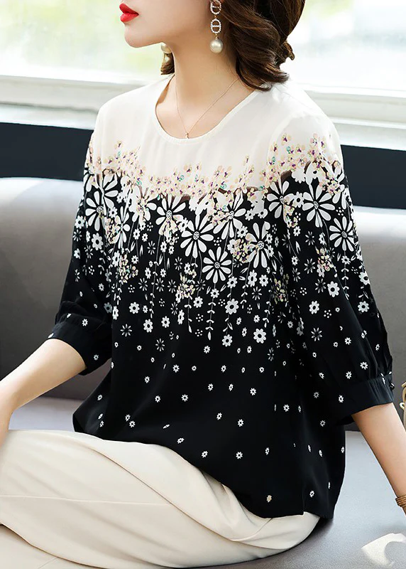Elegant Black Round Collar Printed Chiffon Blouse