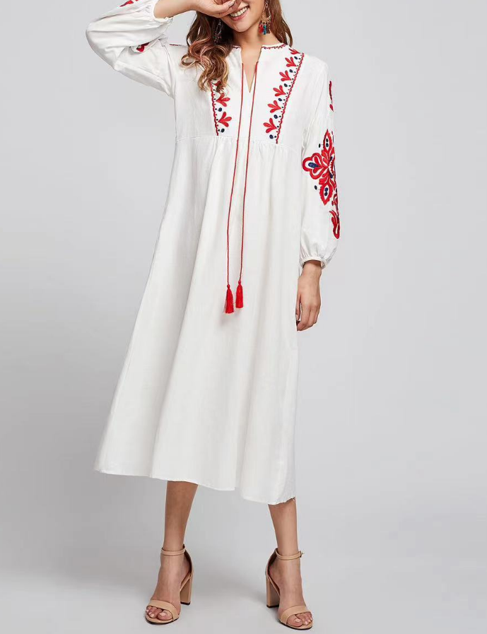 Elegant V-Neck Tie Embroidered Fringe Long Sleeve Dress