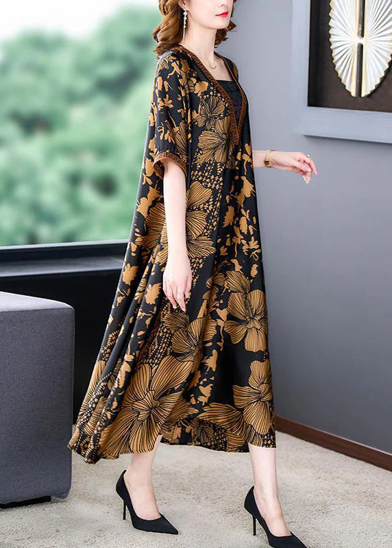 Women's Plus Size Black V-Neck Printed Oversized Hem Silk Dress