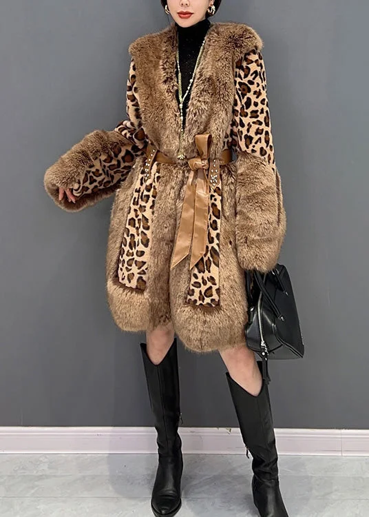 Leopard Fur Collar Printed Patchwork Tie Waist Mink Leather Fur Thick Jacket