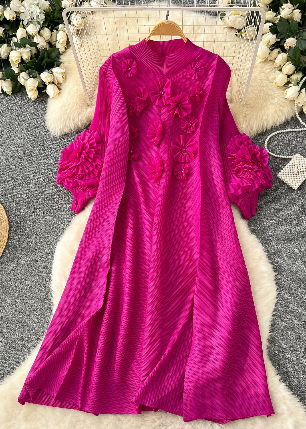 Women's Party Yellow Oversized Cubic Floral Lantern Sleeve Long Dresses