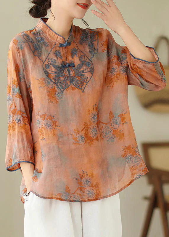 Loose Stand Collar Embroidered Printed Cotton Shirt Top