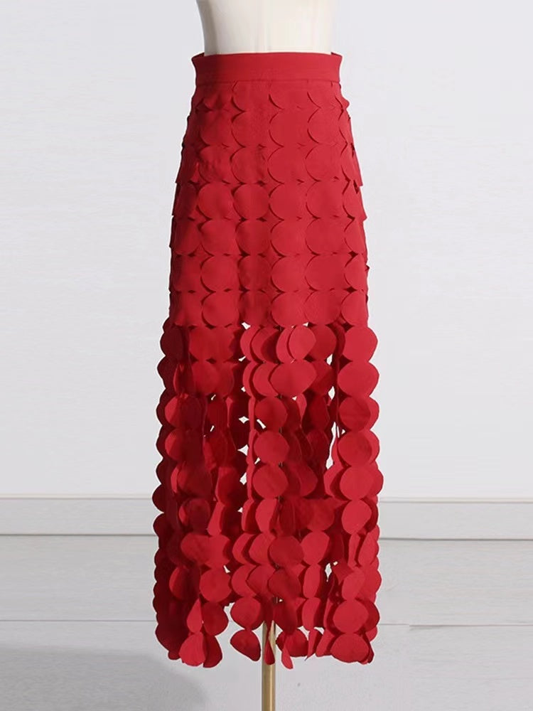 Elegant Round Piece Tassel Hollow Embroidery Irregular A-Line Skirt