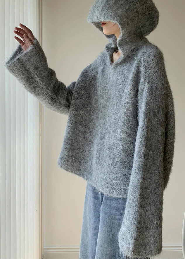 Italian Gray Cotton Hooded Knit Long Sleeve Sweater