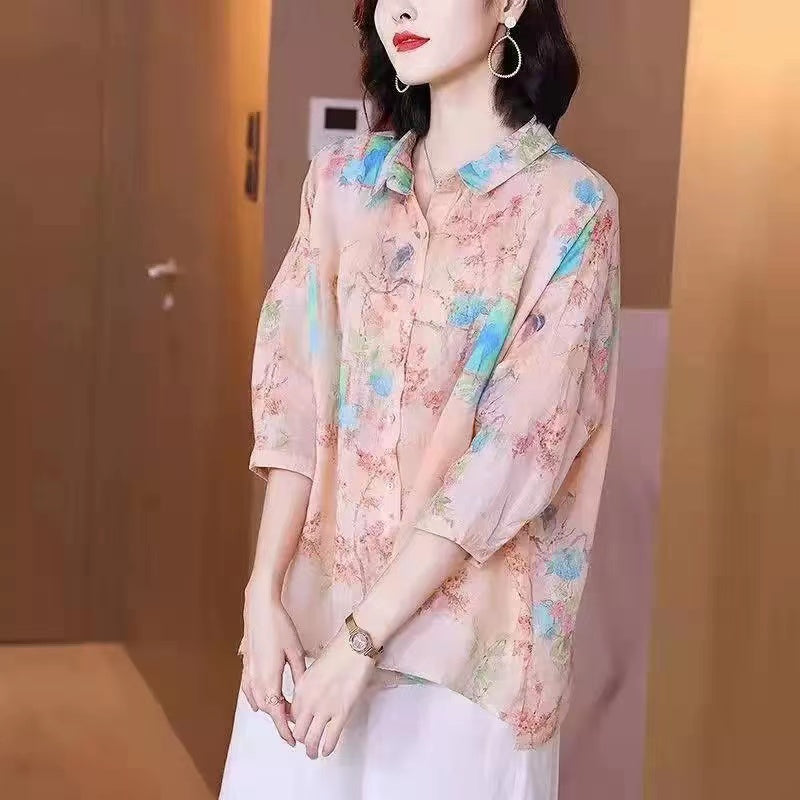 Elegant Printed Lapel Patchwork Cotton Shirt Top