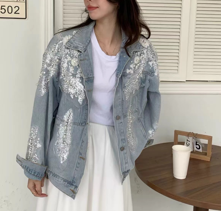 Fashion Handmade Beaded Beading Embellished Denim Jacket Top