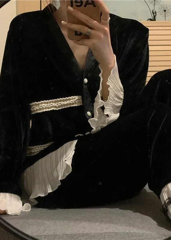 Women's V-Neck Lace Patchwork Velvet Two-Piece Set Spring