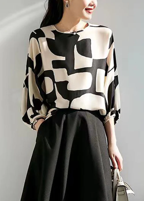 Elegant Round Neck Printed Button Silk Blouse Top