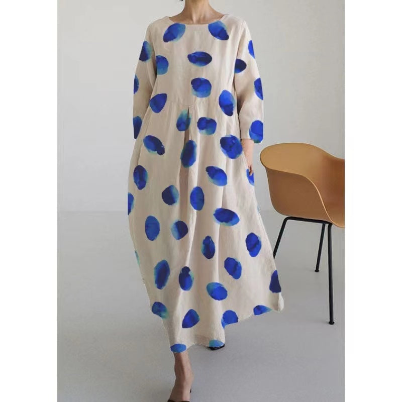 Casual Round Neck Printed Linen Cotton Long Sleeve Dress
