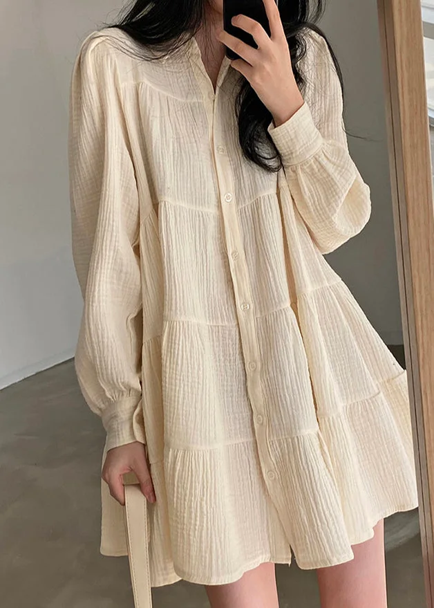 Women's Beige Oversized Pleated Linen Shirt Dress