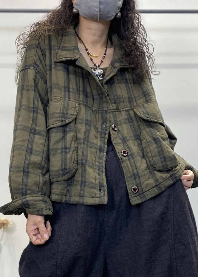 Plaid Button Patchwork Padded Cotton Coat Long Sleeve