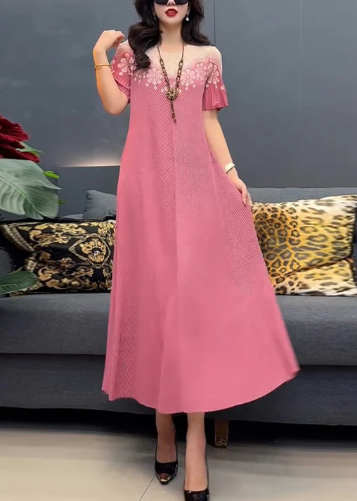 Yellow round neck printed cotton maxi dress