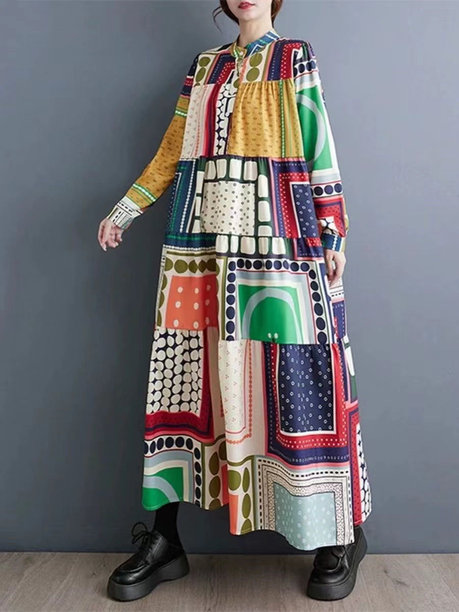 Stylish Geometric Print Long Sleeve Hem Dress