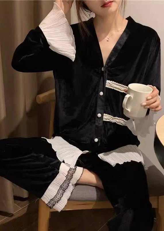 Women's V-Neck Lace Patchwork Velvet Two-Piece Set Spring