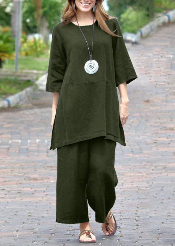 Caramel-colored round-neck side-opening cardigan and cropped pants two-piece set