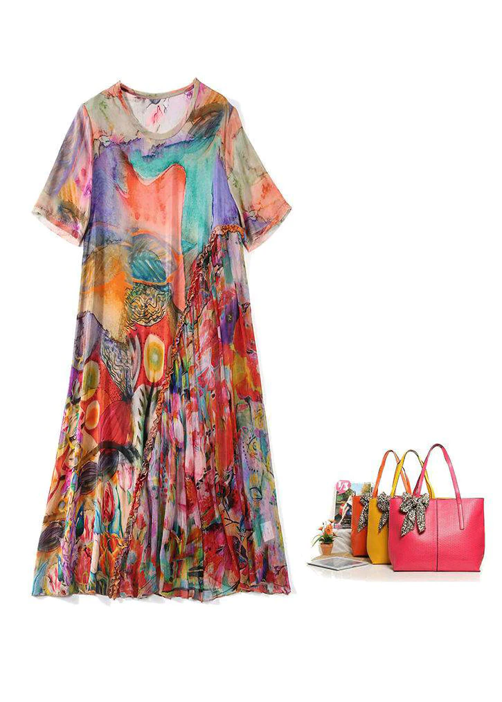 Collar Printed Crinkle Silk Long Dress Short Sleeve