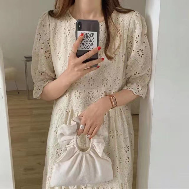 Embroidered Cutout Cotton Bubble Sleeve Dress