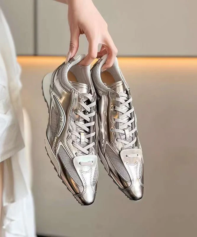 Women's Silver Faux Leather Lace Up Patchwork Jersey Pointed Toe Sneakers