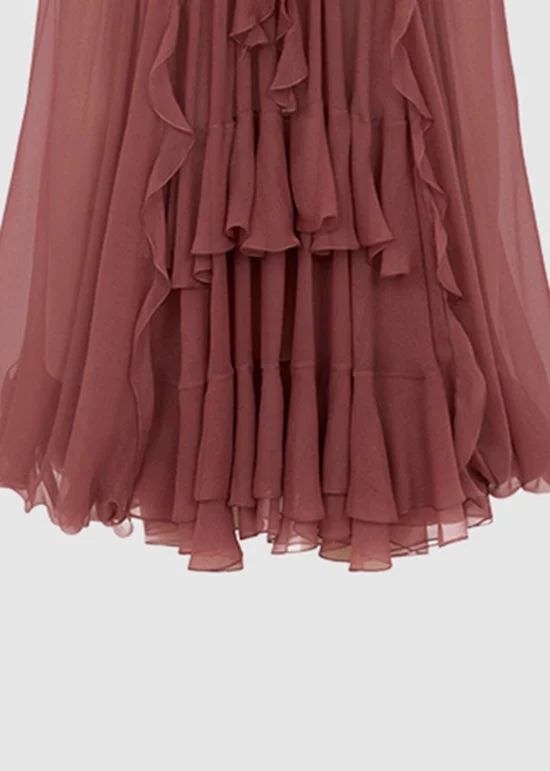 Women's Bohemian Brick Red Ruffle Patchwork Chiffon Blouse Top