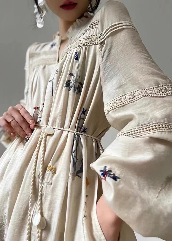 Women's Beige Embroidered Ruffle Pocket Linen Long Sleeve Dress