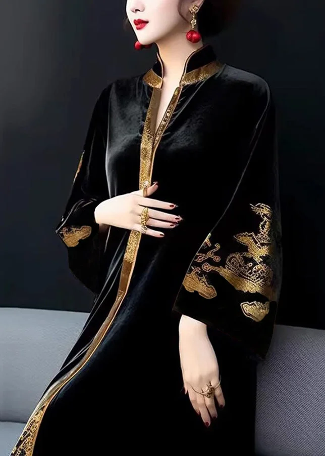 Vintage V-Neck Printed Patchwork Velvet Long Dress
