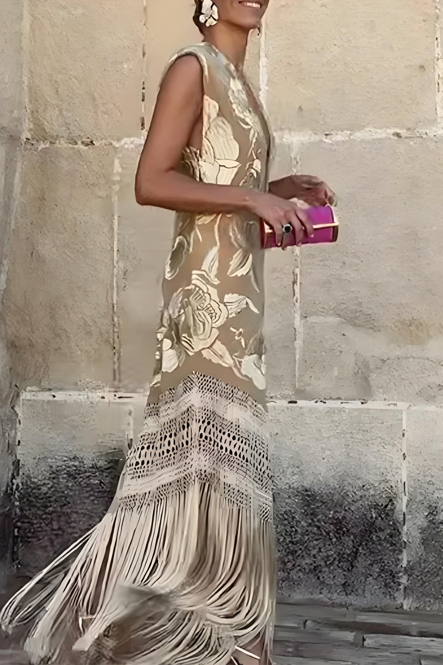 Elegant Heart Fringe Asymmetric V-Neck Sleeveless Dress