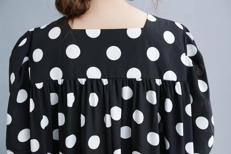Plus Size Polka Dot Square Neck Short Sleeve Long Dresses