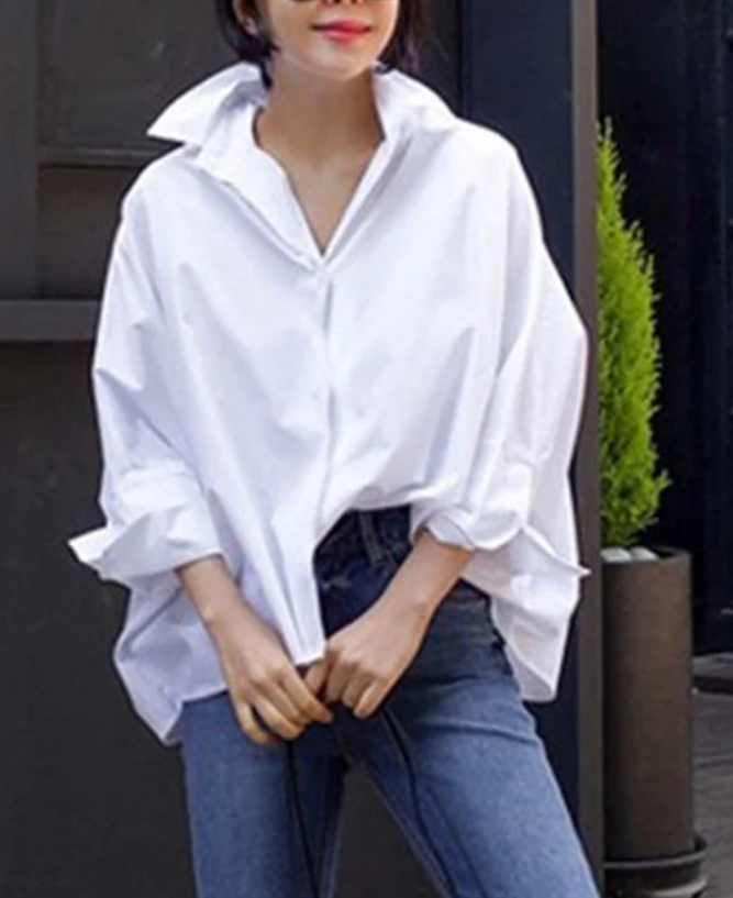 Loose Lapel Button Down Cotton Shirt Long Sleeve Top