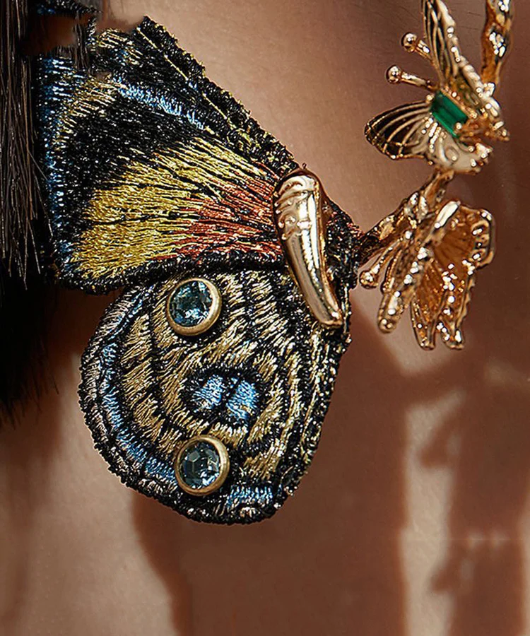 Gold Pure Crystal Embroidered Butterfly Hoop Earrings