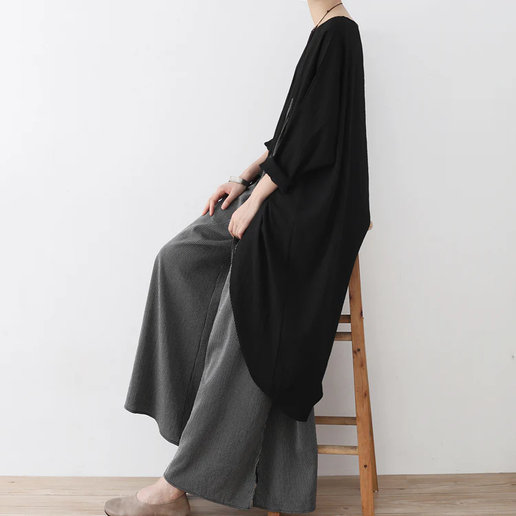 Black Fringed Cotton Blouse Oversized Women's Tops