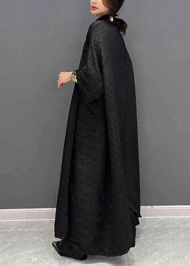 Italian Black Large Pocket Jacquard Silk Trench Coat Spring