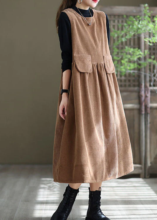 Womens Loose Round Neck Corduroy No Dresses