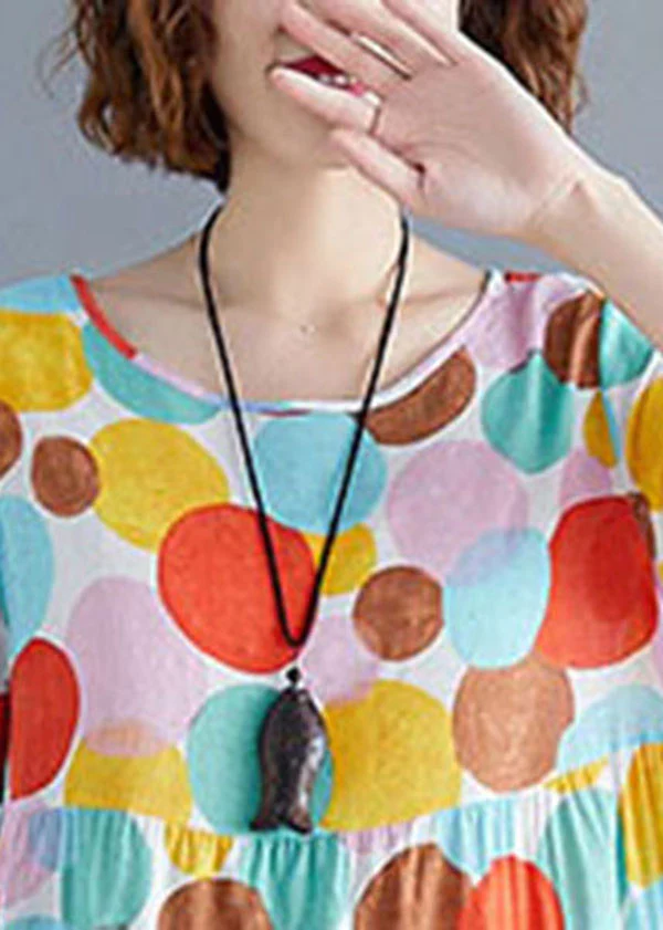 Women's O-neck polka dot printed cotton pleated dress