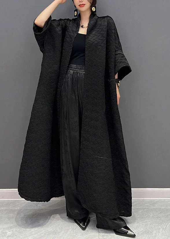 Italian Black Large Pocket Jacquard Silk Trench Coat Spring
