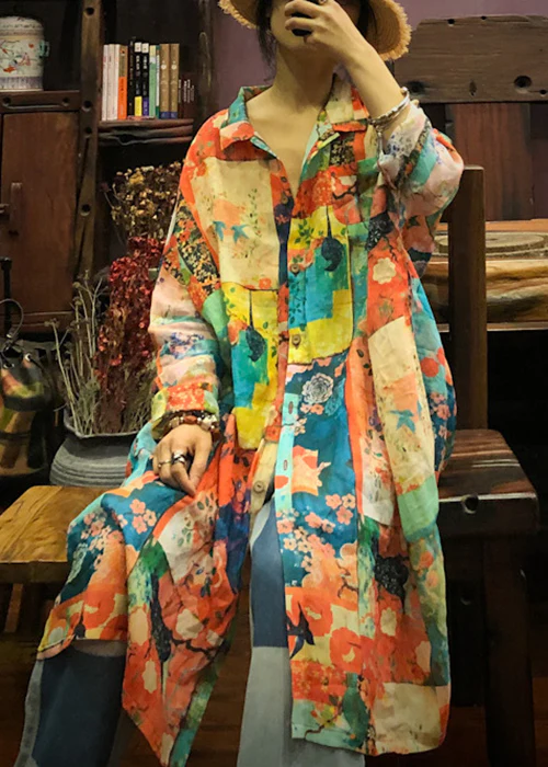 Lapel Geometric Print Patchwork Linen Shirt Long Sleeve