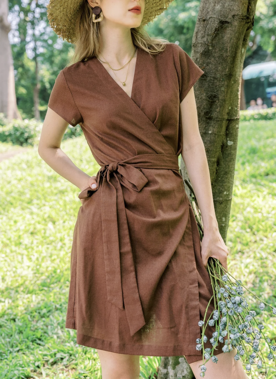 Linen Wrap Dress, Short Sleeve Linen Dress, V-Neck Linen Dress, Short Dress, Canvas Beach Dresses