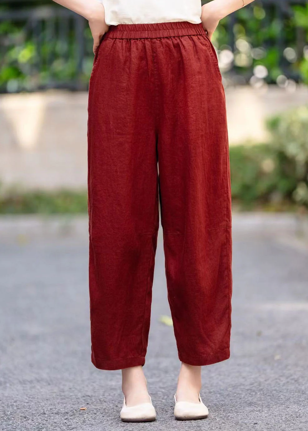 Red Mulberry Elastic Waistband Pocket Linen Haren Pants